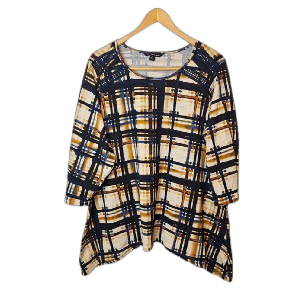 Zac & Rachel Womens Pullover Tunic Top Size 2X Blue Plaid Lace Detail 3/4 Sleeve
